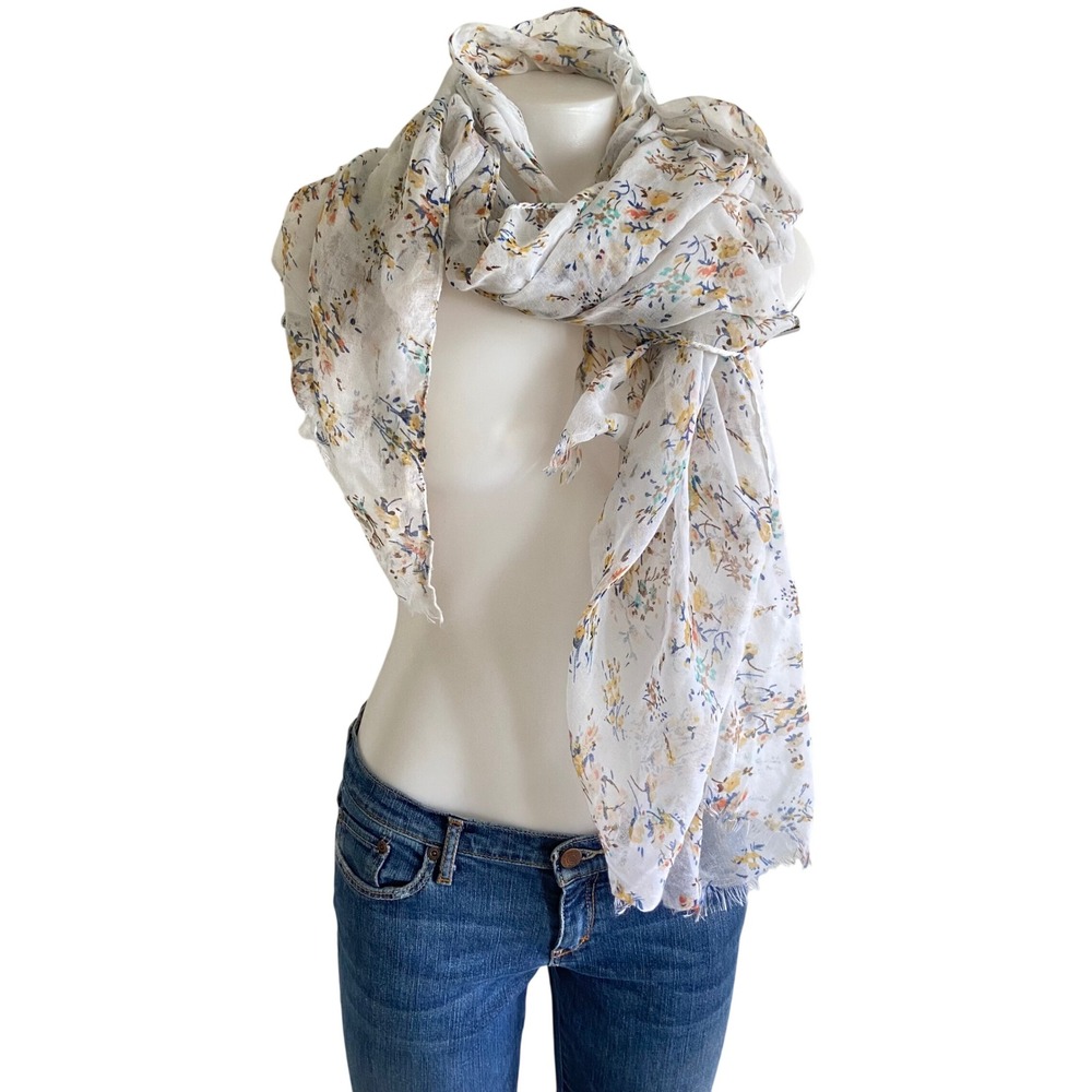 White Floral Gauze Scarf Lightweight Eyelash Fringe Spring Summer Wrap Pink